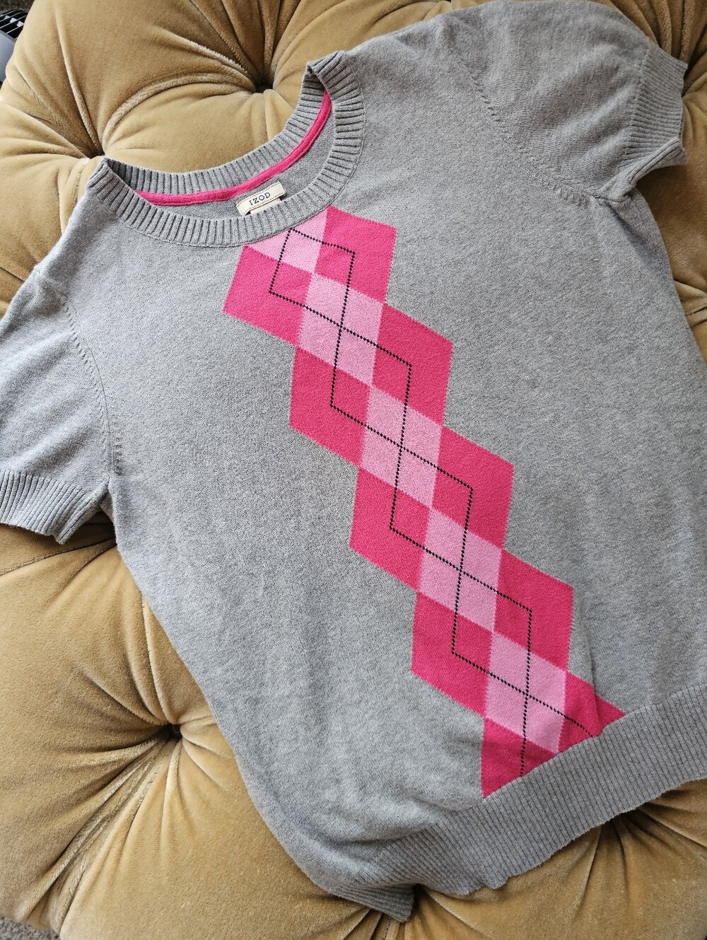 IZOD Gray & Pink Argyle Short Sleeve Sweater Top Medium 100% Cotton Preppy Y2K
